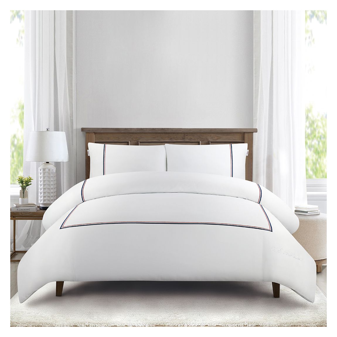 Luxury Cotton Twin Stripe Duvet Set, Double, Bright White main product photo