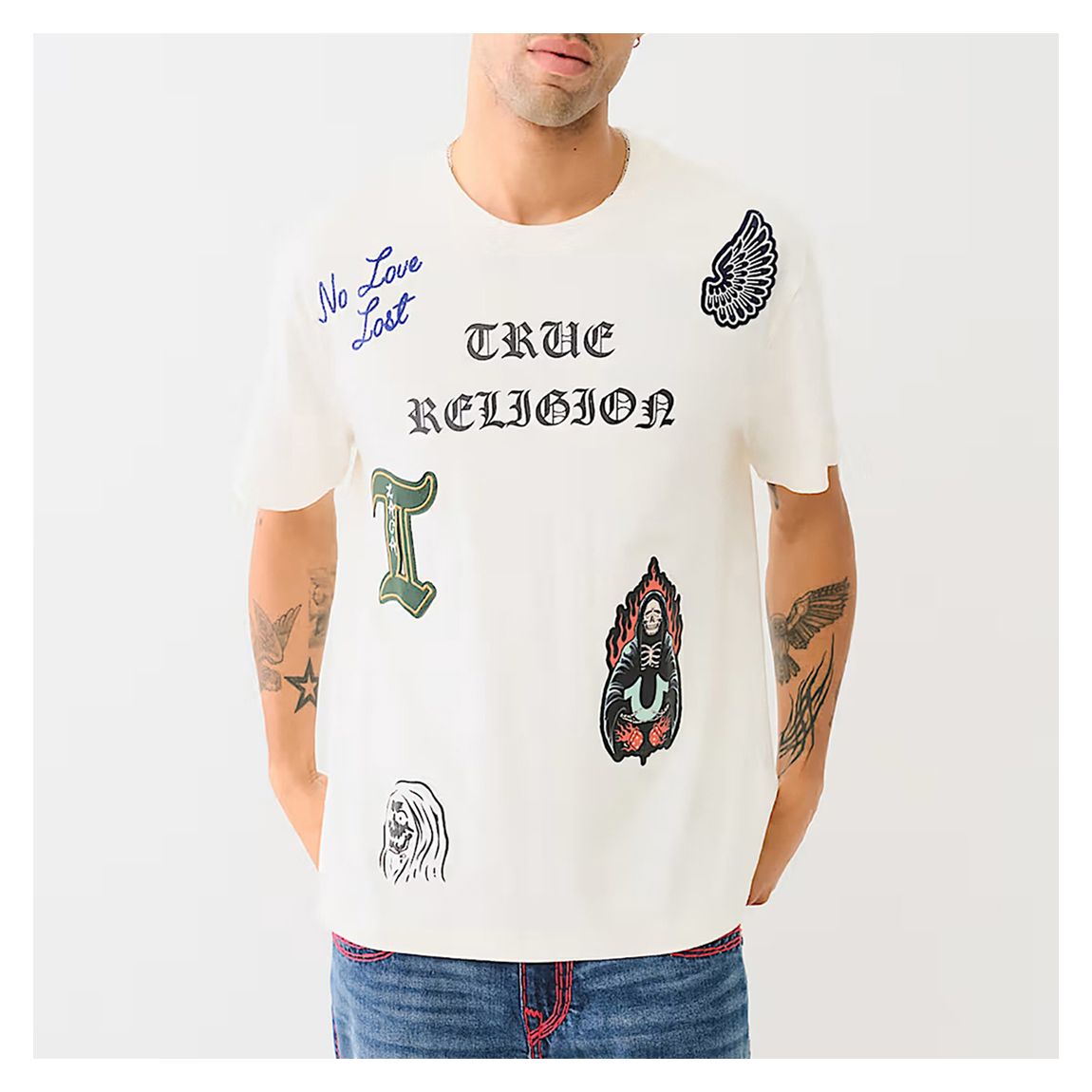 White Embroidered Patchwork Crew Neck Tee main product photo