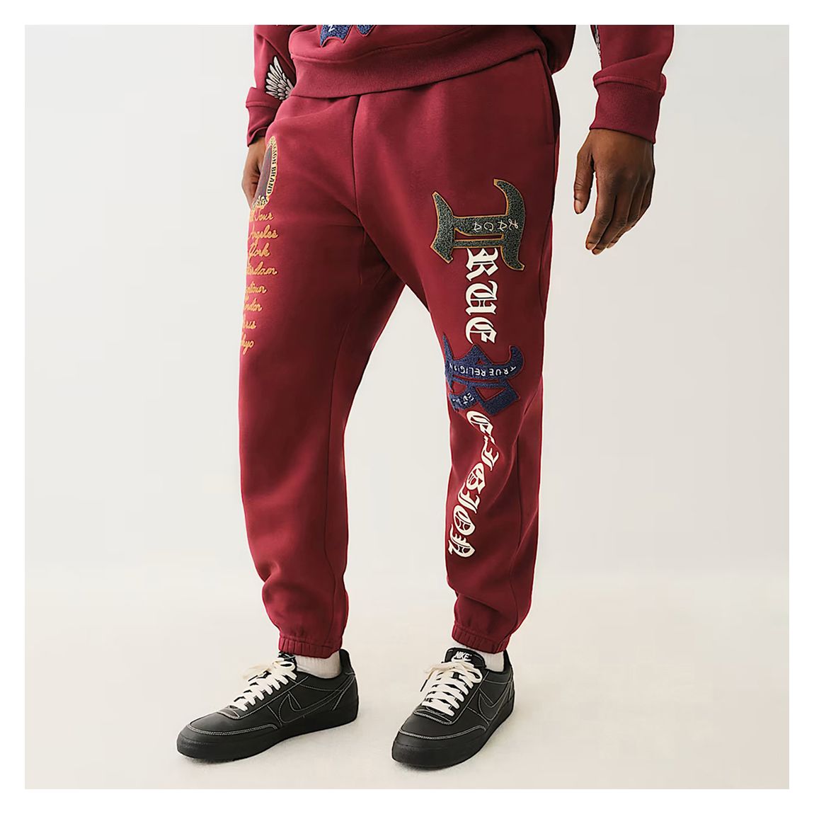 Red Embroidered Patchwork Cuffed Joggers main product photo