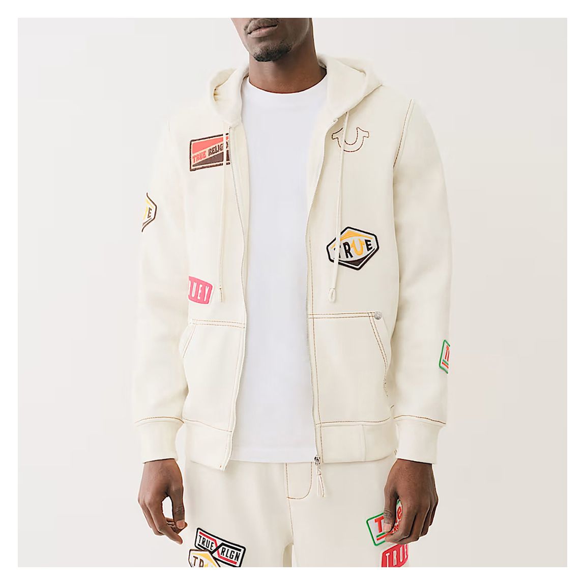 Cream Embroidered Patchwork Zip Hoodie main product photo
