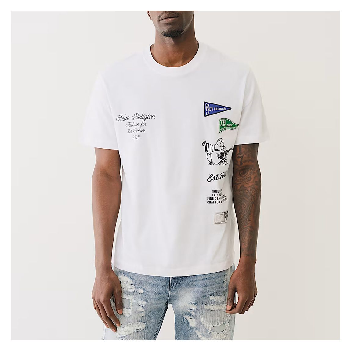 White Patchwork Crew Neck Cotton T-Shirt main product photo