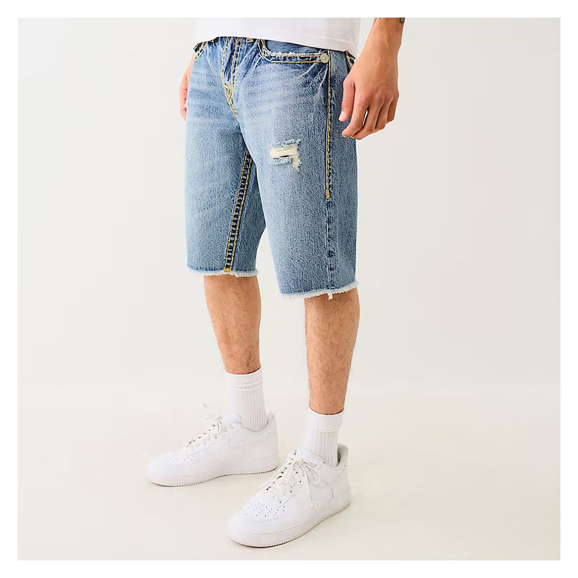 Mid Blue Distressed Denim Shorts main product photo