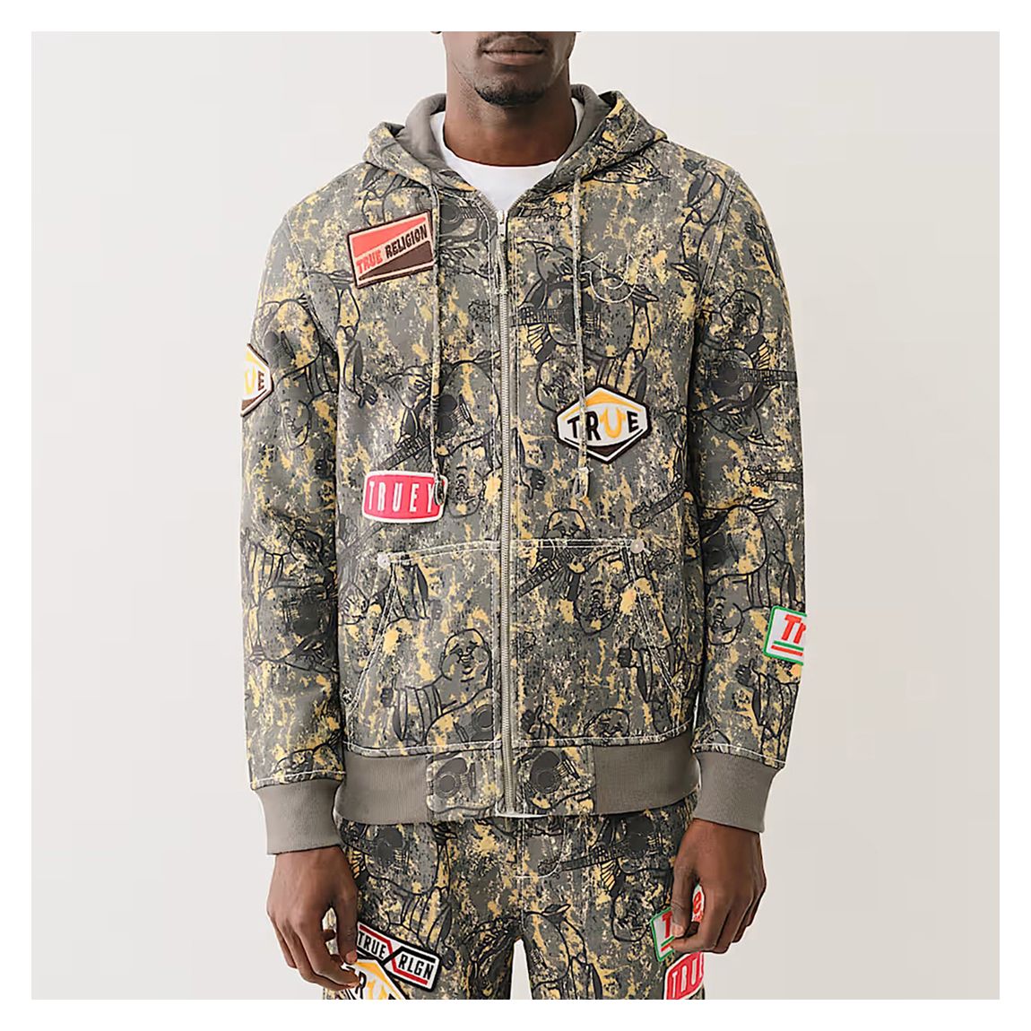 Grey Camo Effect Buddha Print Zip Hoodie main product photo