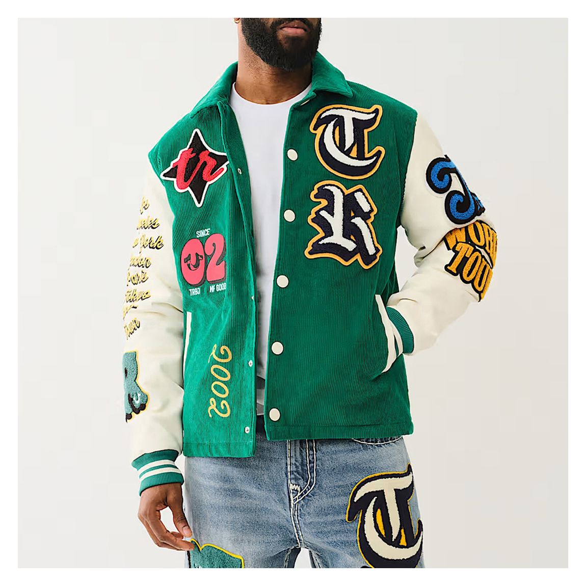 Green Corduroy Patchwork Varsity Jacket main product photo