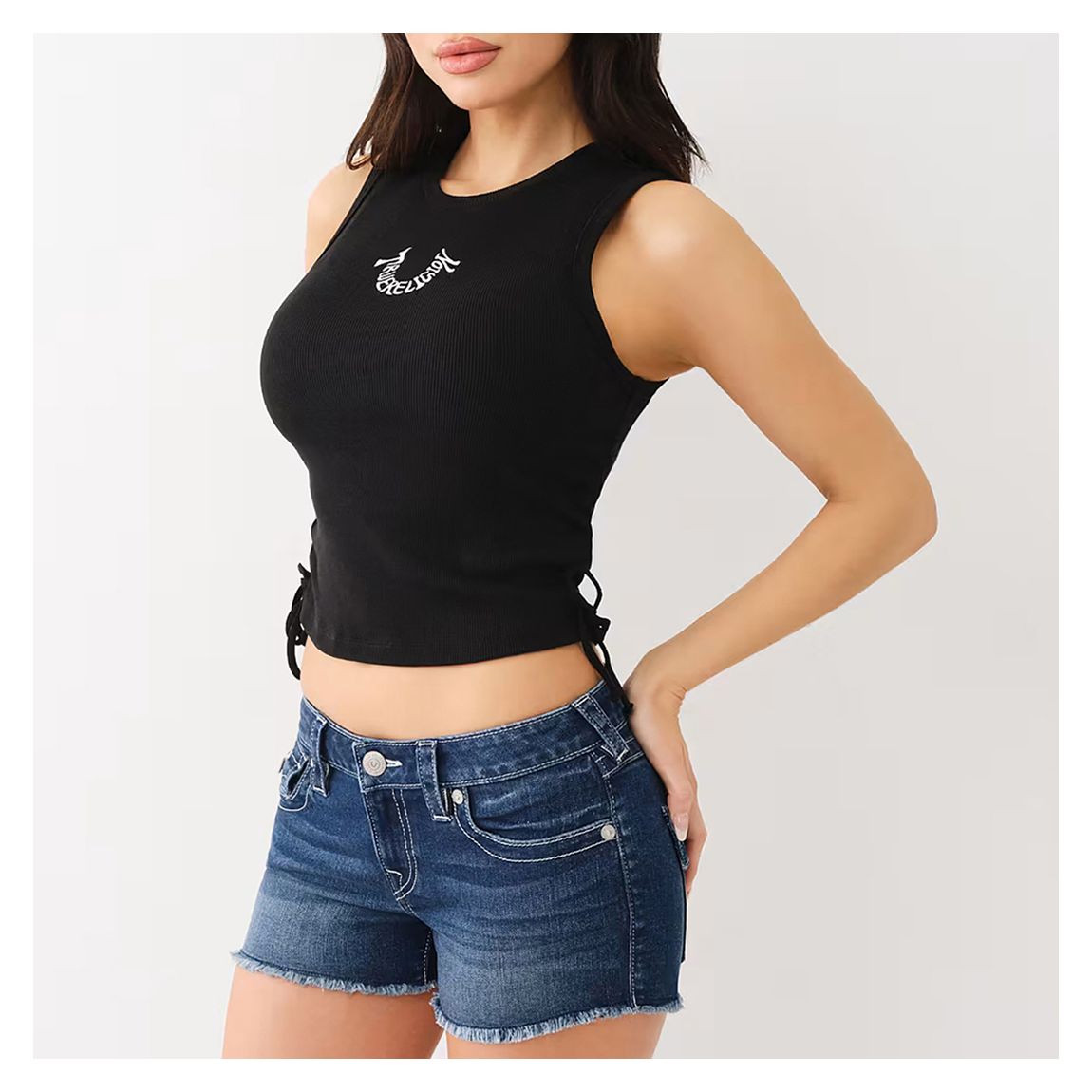 Black Embroided Ruched Ribbed Top main product photo