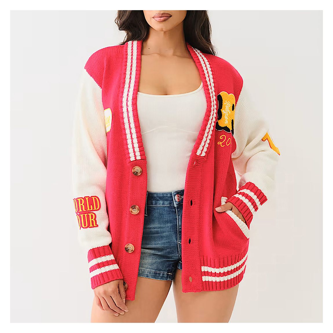 Red/ White Colourblock Logo Varsity Cardigan main product photo