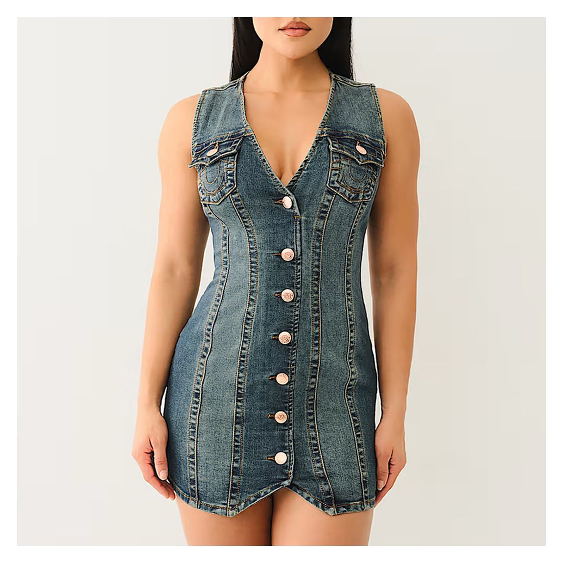 Mid Washed Blue Fitted Denim Vest Dress main product photo