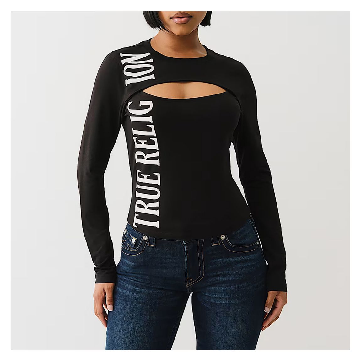 Black Long Sleeve Keyhole Cotton Blend Logo Top main product photo