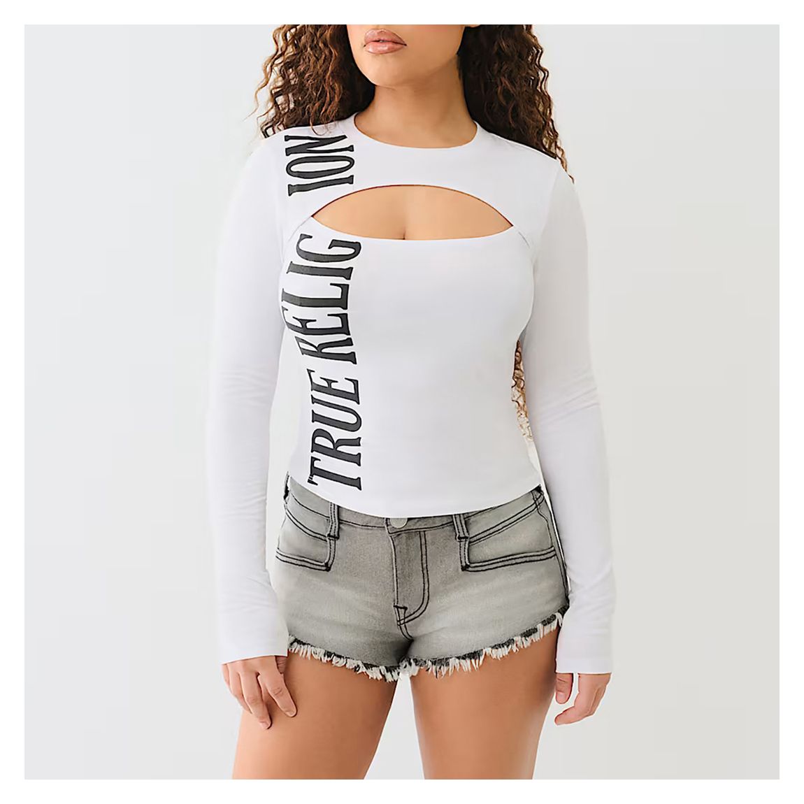 Grey Long Sleeve Keyhole Cotton Blend Logo Top main product photo