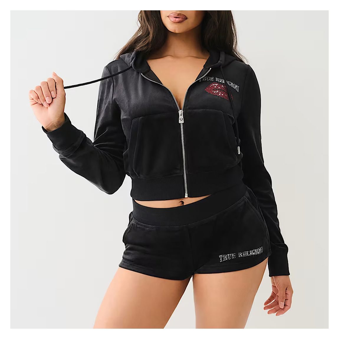 Black Velour Crystal Lips Shrunken Zip Hoodie main product photo