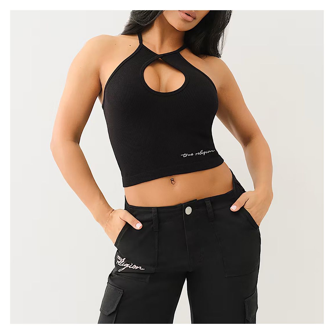 Black Seamless Halterneck Racer Top main product photo