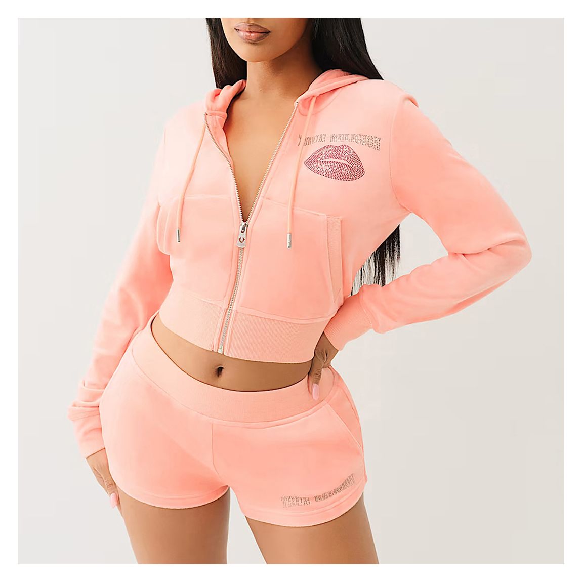 Coral Velour Crystal Lips Shrunken Zip Hoodie main product photo