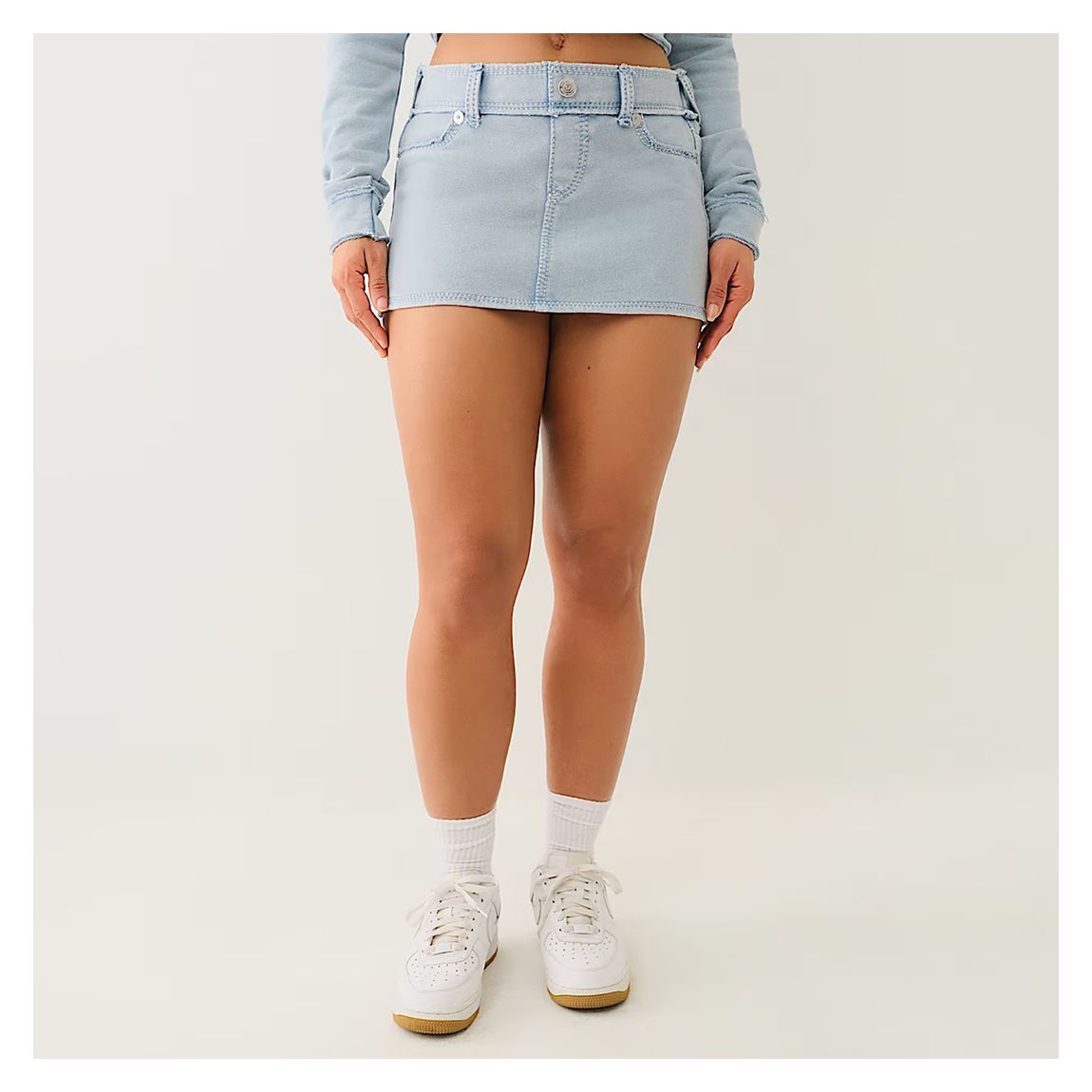Light Wash Raw Edge Big T Mini Skirt main product photo