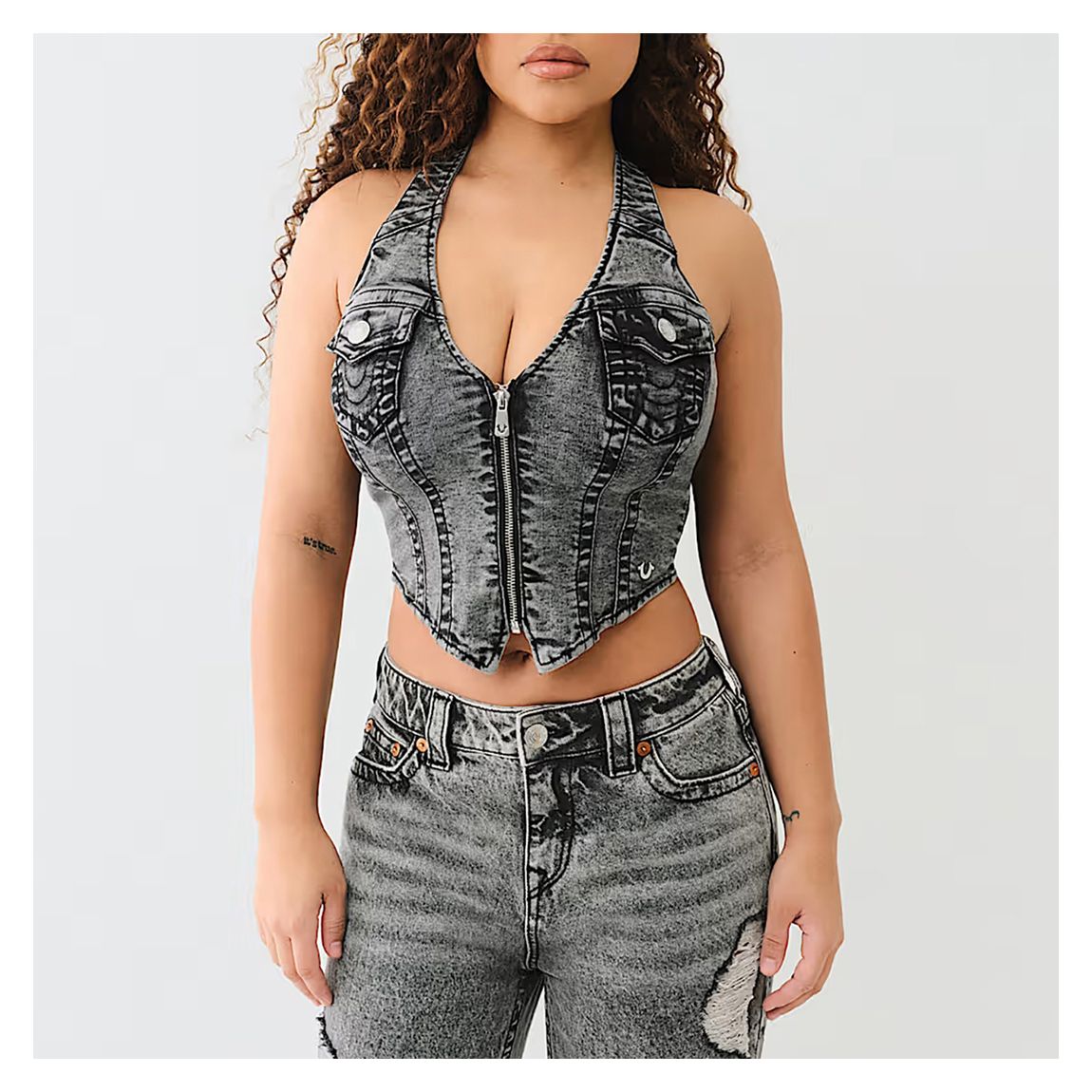 Black Zip Denim Halter Top main product photo