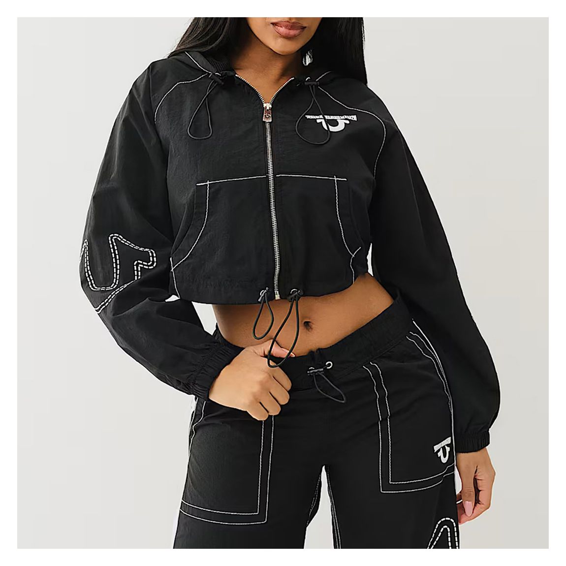 Black Shrunken Big T Nylon Zip Hoodie main product photo