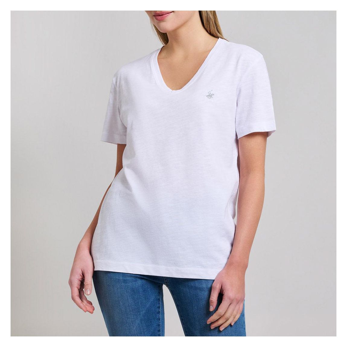 White V-Neck Embroidered Cotton T-Shirt main product photo