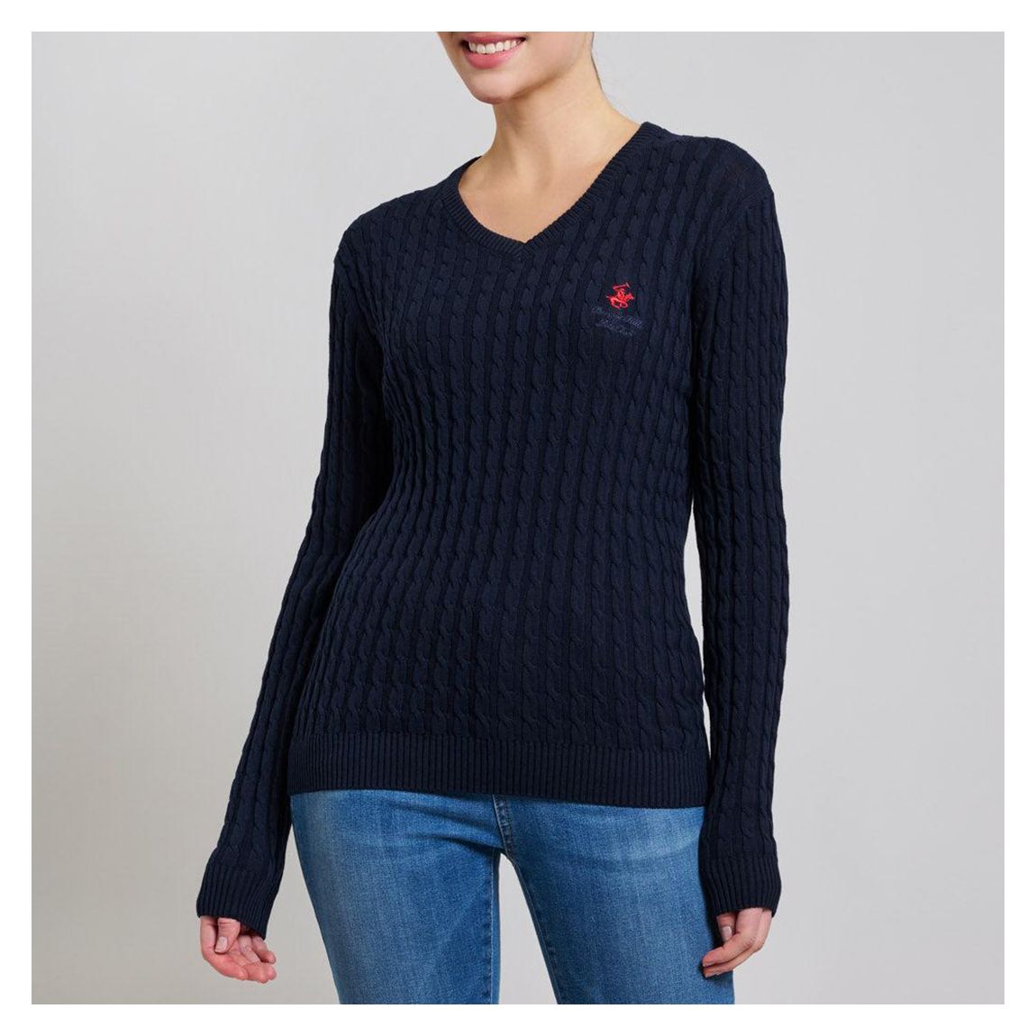 Navy V-Neck Cableknit Cotton Jumper main product photo