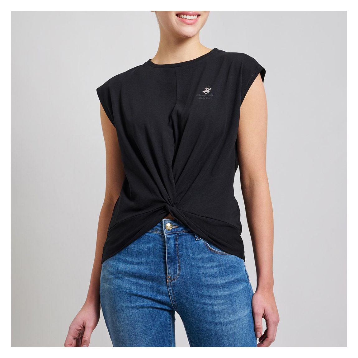 Black Twist Front Stretch Cotton Blend T-Shirt main product photo