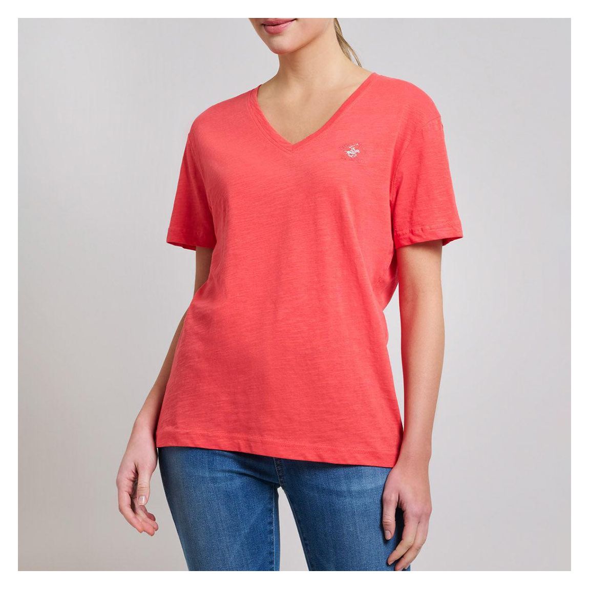 Coral V-Neck Embroidered Cotton T-Shirt main product photo