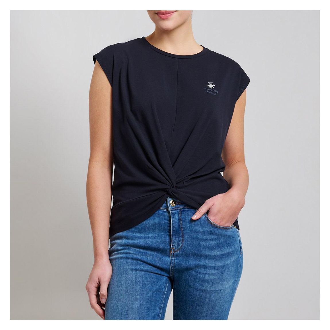 Navy Twist Front Stretch Cotton Blend T-Shirt main product photo