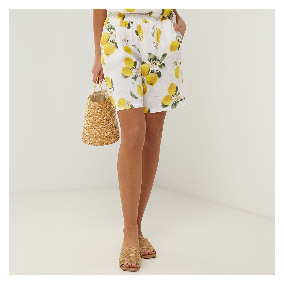 White Printed Linen Relaxed Shorts main product photo