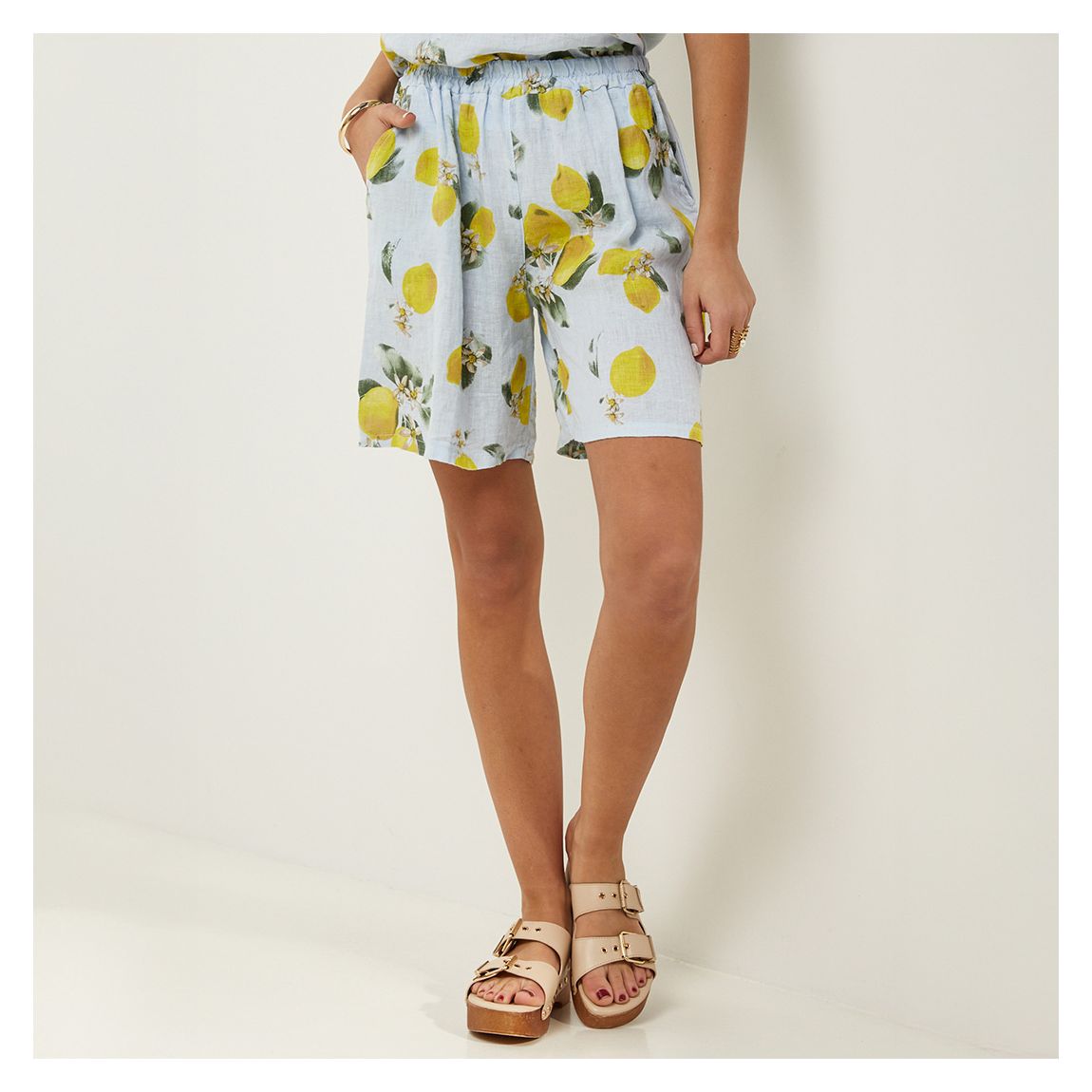 Pale Blue Printed Linen Relaxed Shorts main product photo