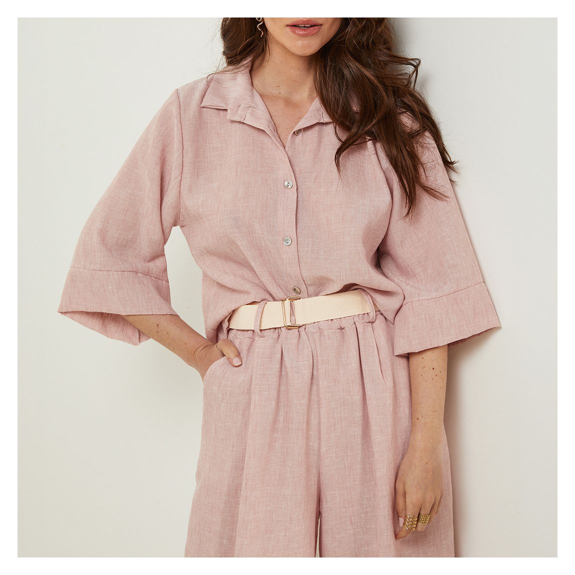 Soft Pink Bell Sleeve Linen Shirt main product photo