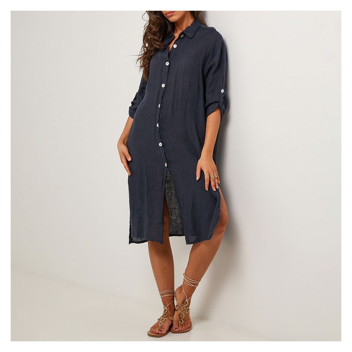 Navy Weave Linen Midi Shirt Dress main product photo