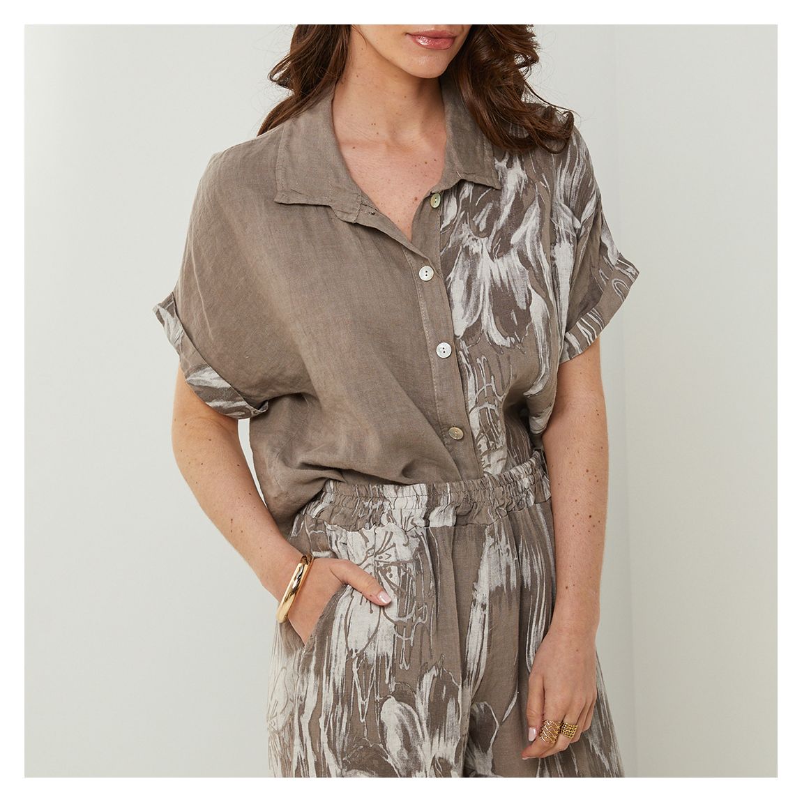 Mushroom Relaxed Printed Linen Shirt main product photo