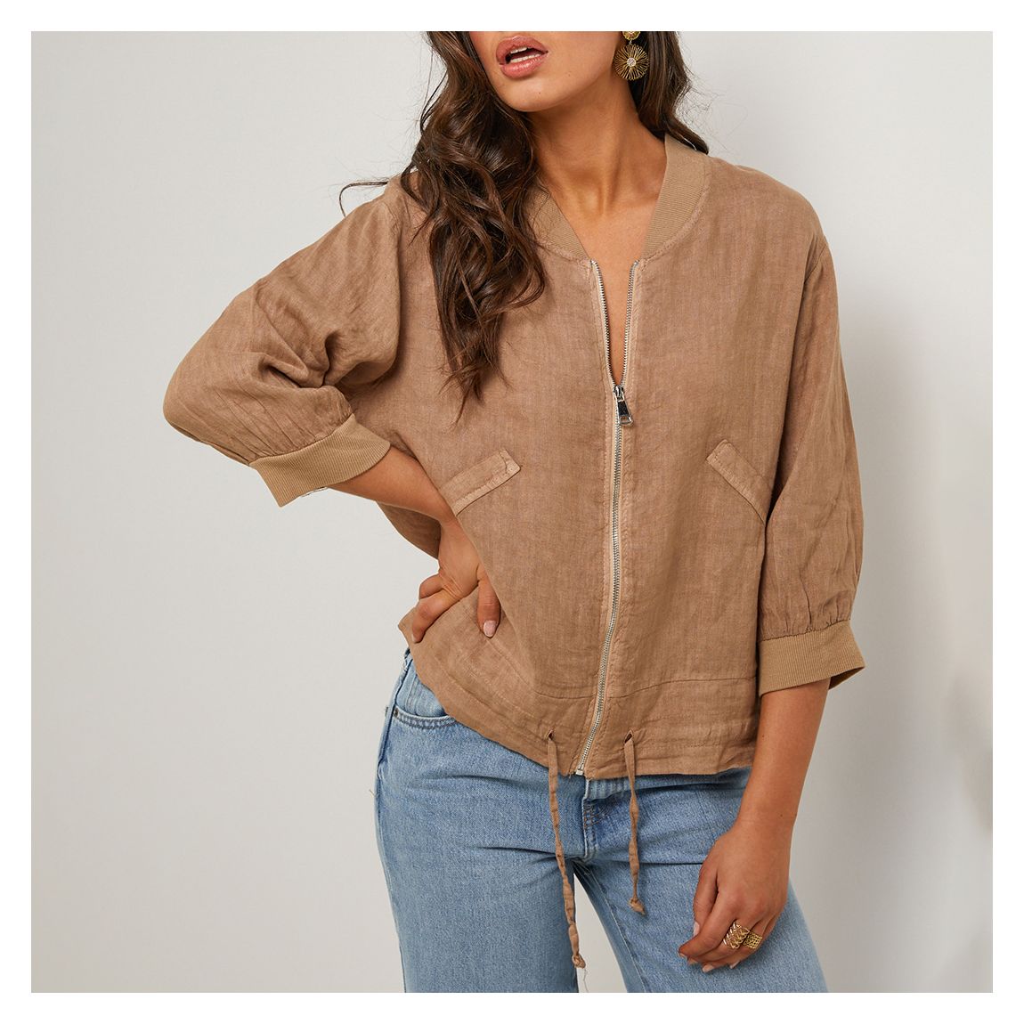 Camel Linen Relaxed Bomber Jacket main product photo