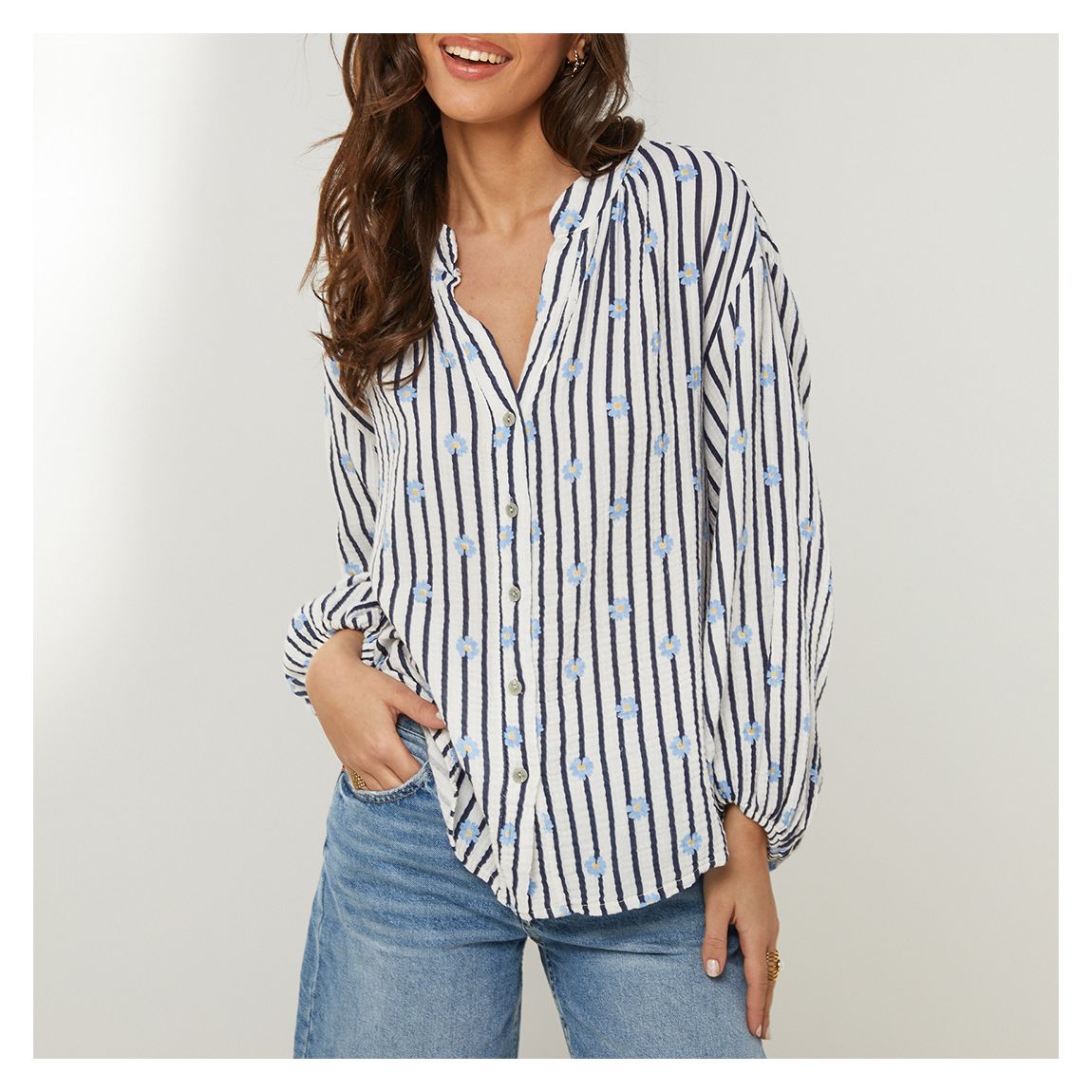Navy/Multi Stripe Printed Linen Shirt main product photo