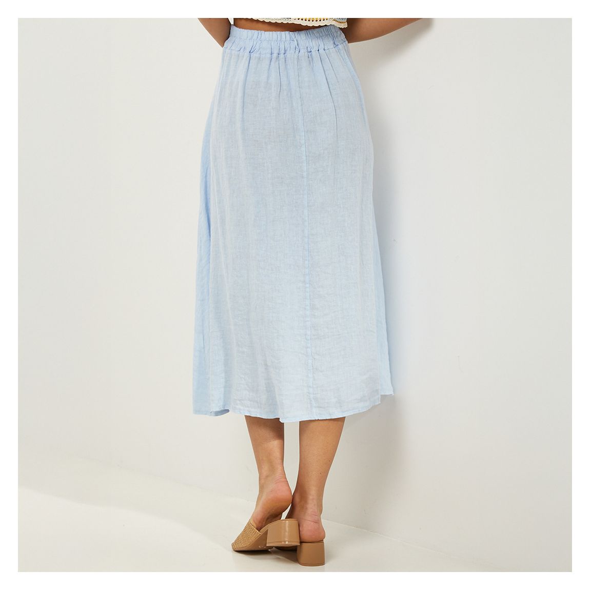 Pale Blue Pleated Linen Midi Skirt main product photo