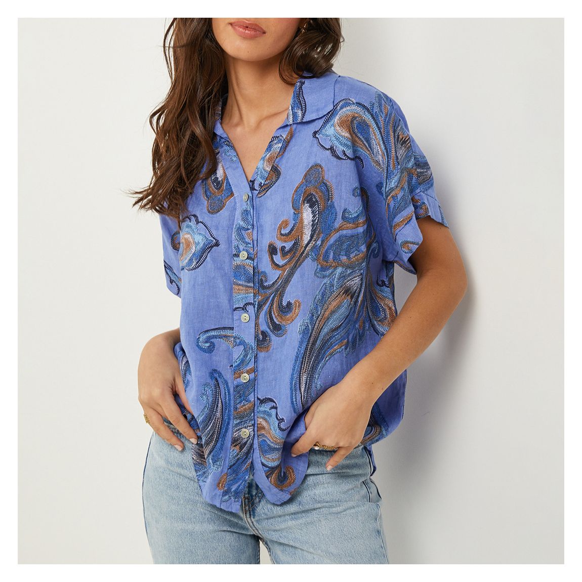Cerulean Printed Linen Blouse main product photo