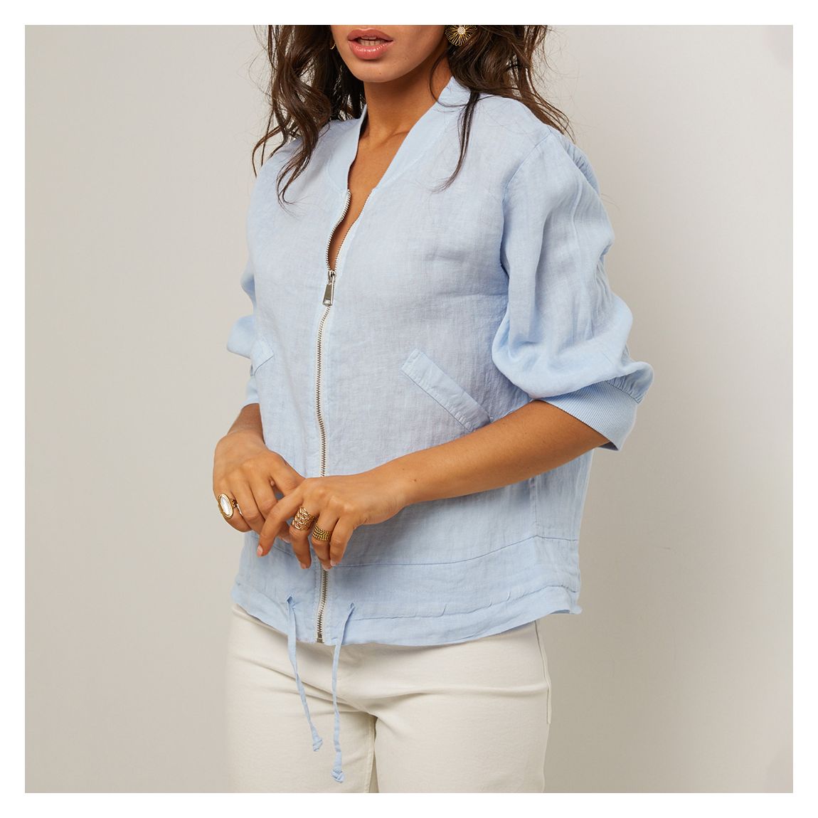 Light Blue Linen Relaxed Bomber Jacket main product photo