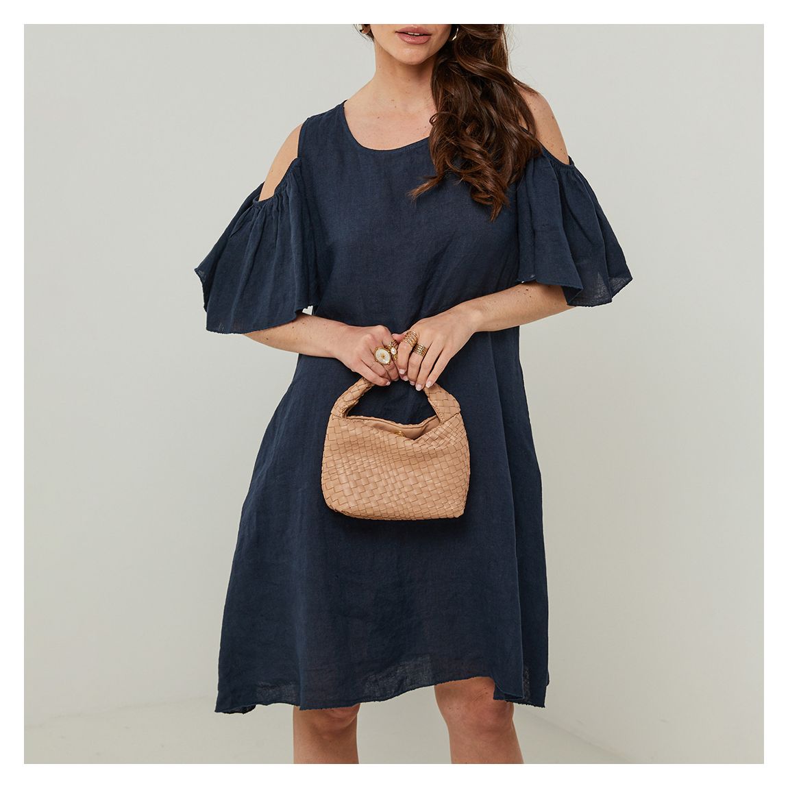 Navy Cold Shoulder Linen Dress main product photo