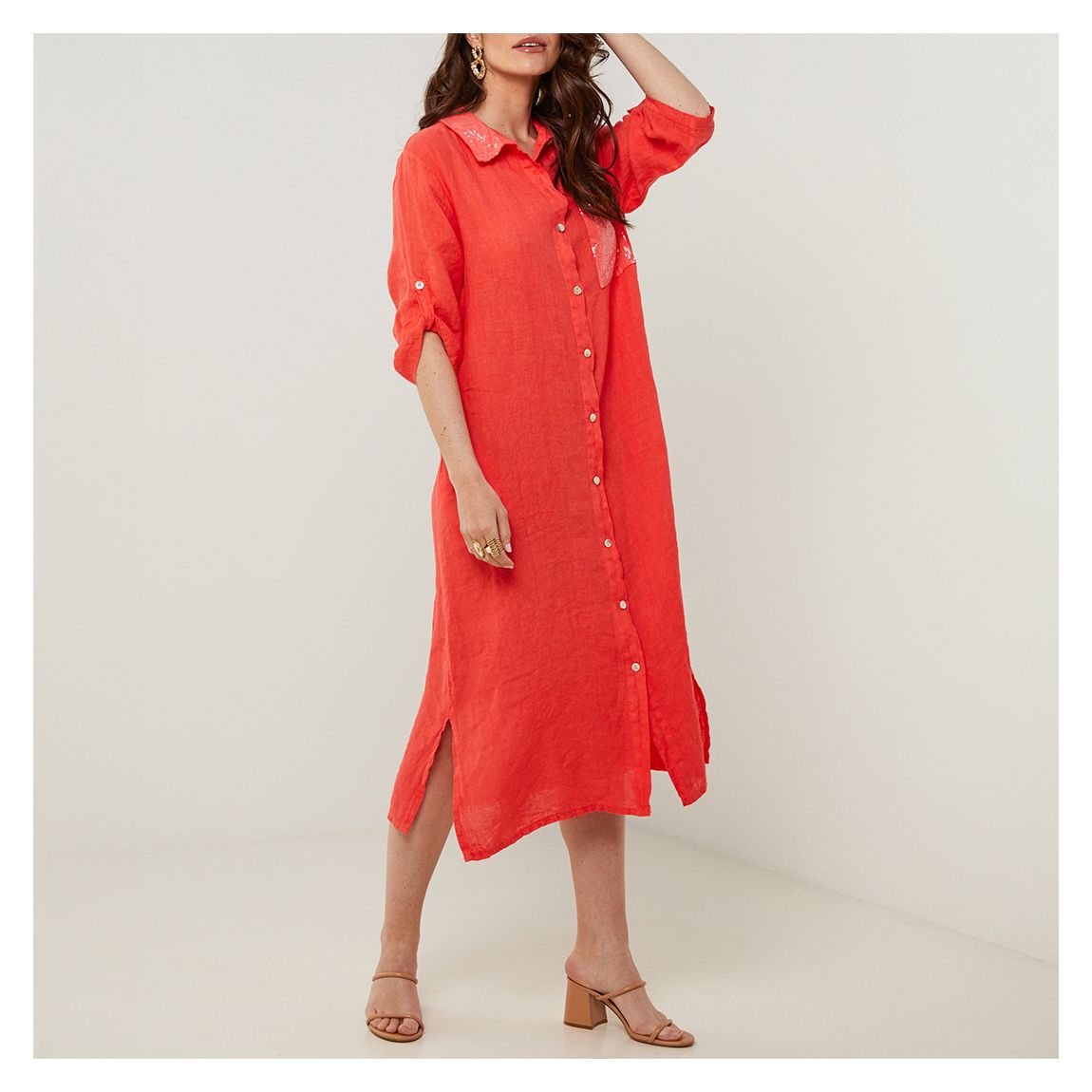 Tangerine Linen Midi Shirt Dress main product photo