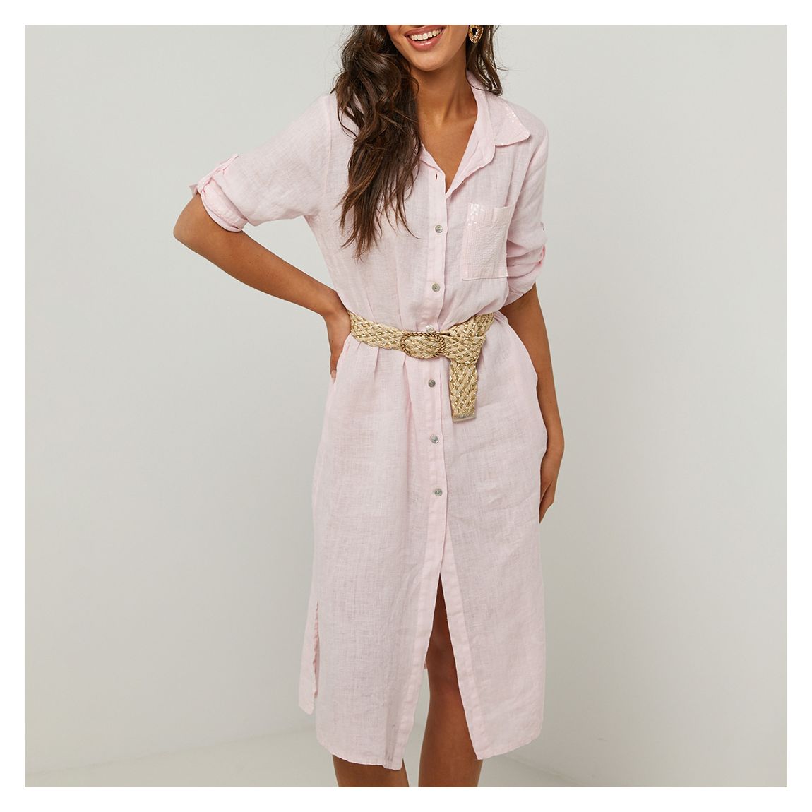 Pale Pink Linen Midi Shirt Dress main product photo