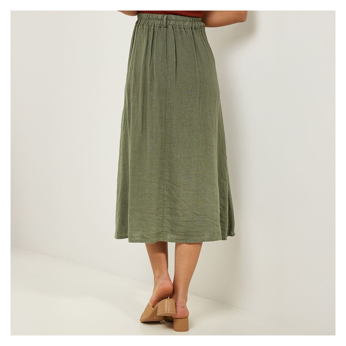 Khaki Pleated Linen Midi Skirt main product photo