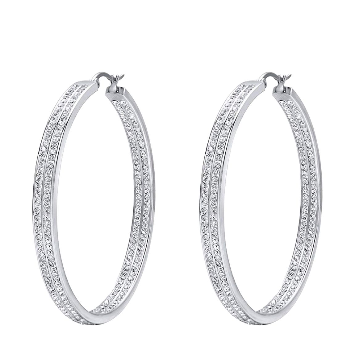 18K White Gold Double Layer Sparkly Hoop Earrings main product photo