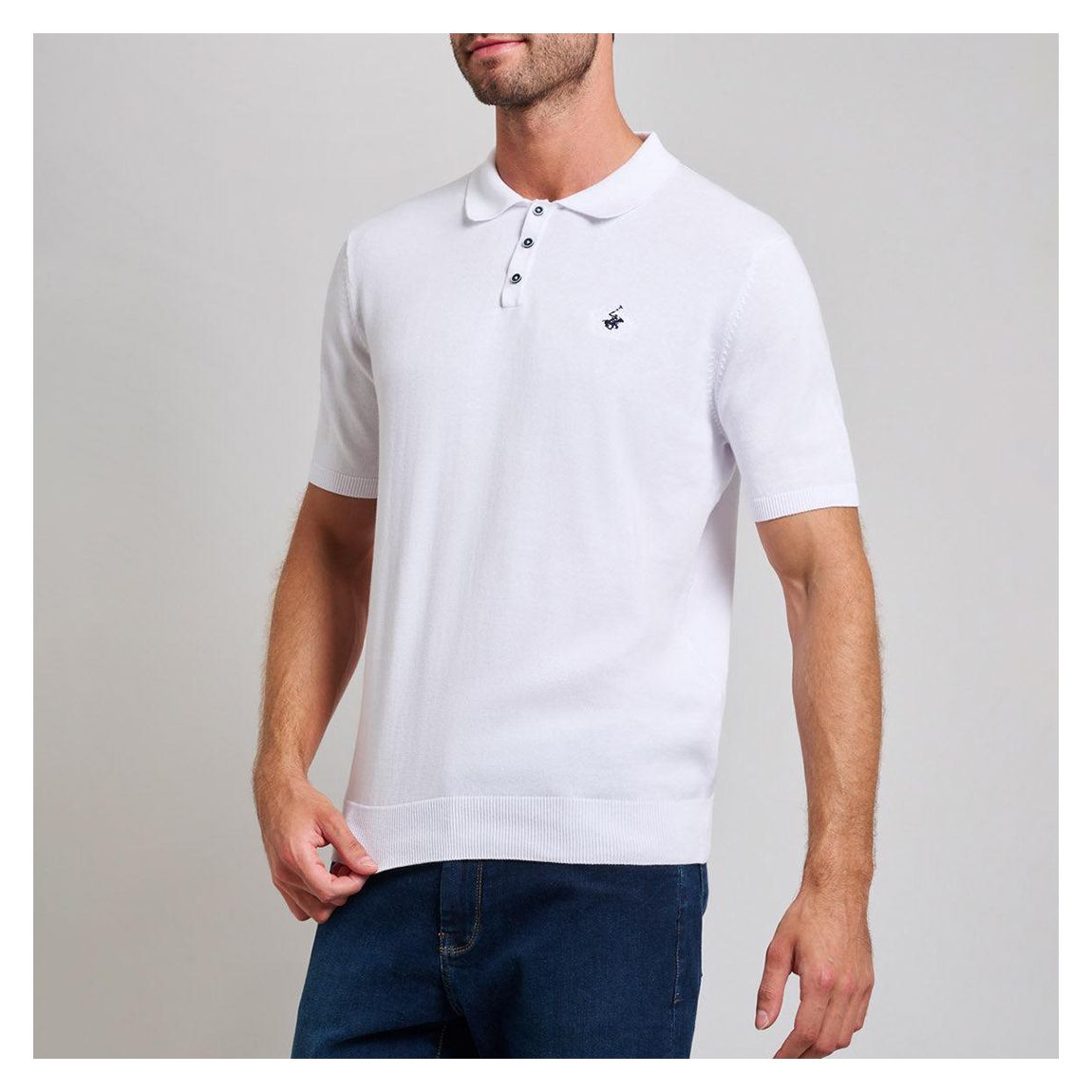 White Embroidered Knit Cotton Polo Top main product photo