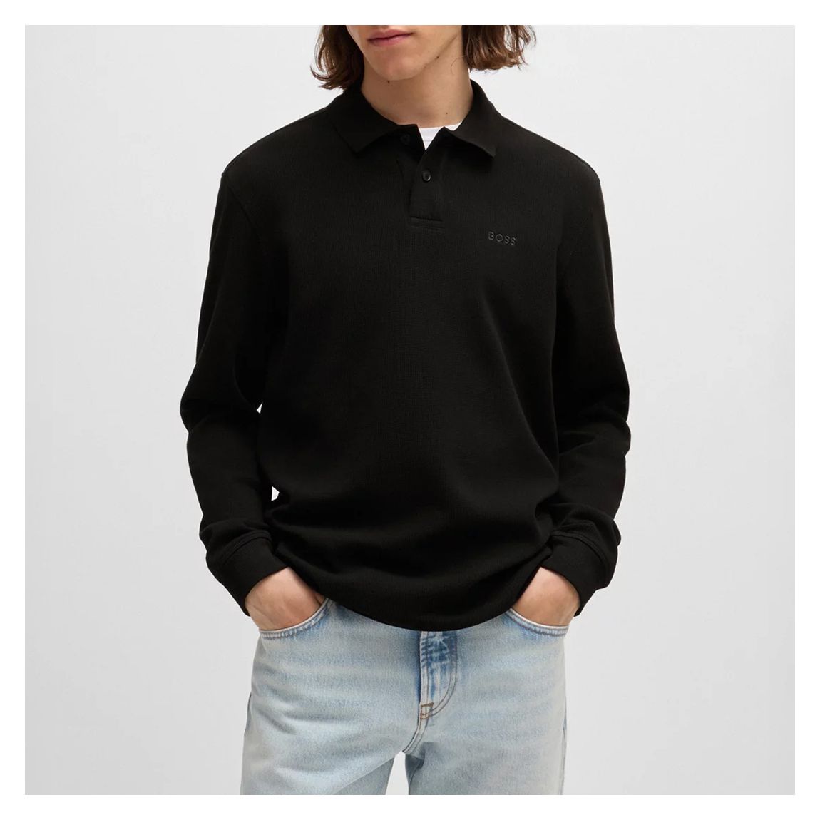 Black Waffle Structured Cotton Blend Polo Shirt main product photo