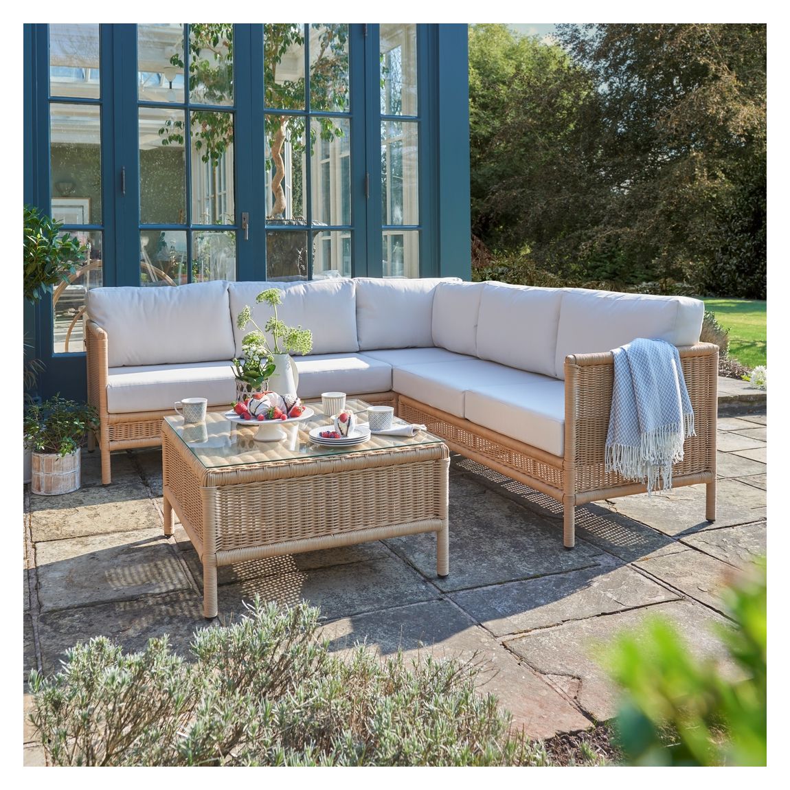 Vilamoura Corner Garden Seating and Coffee Table Set in Oakley Canvas main product photo