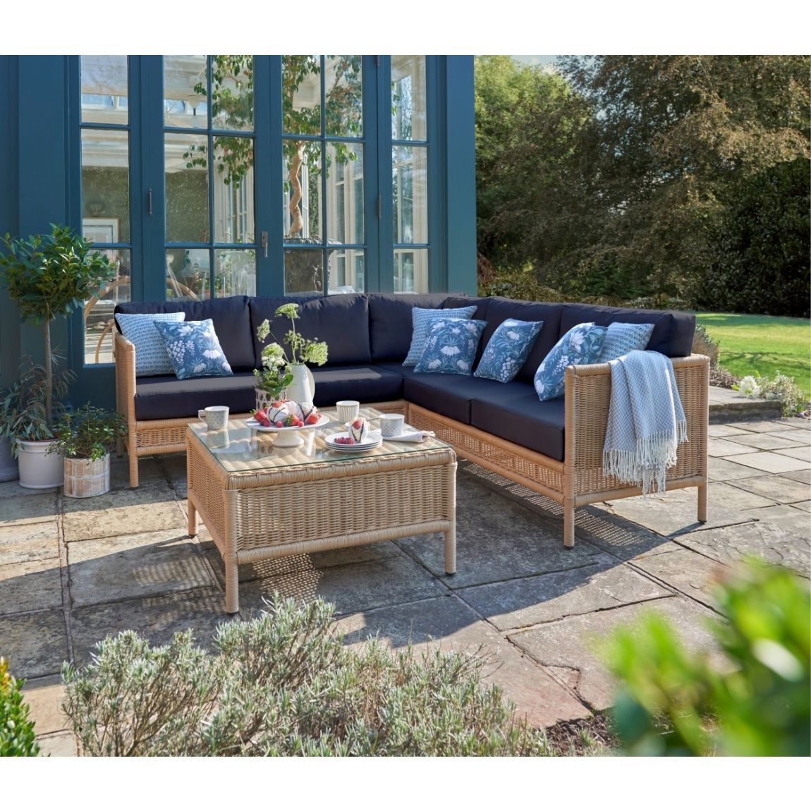 Vilamoura Corner Garden Seating and Coffee Table Set in Oakley Denim main product photo