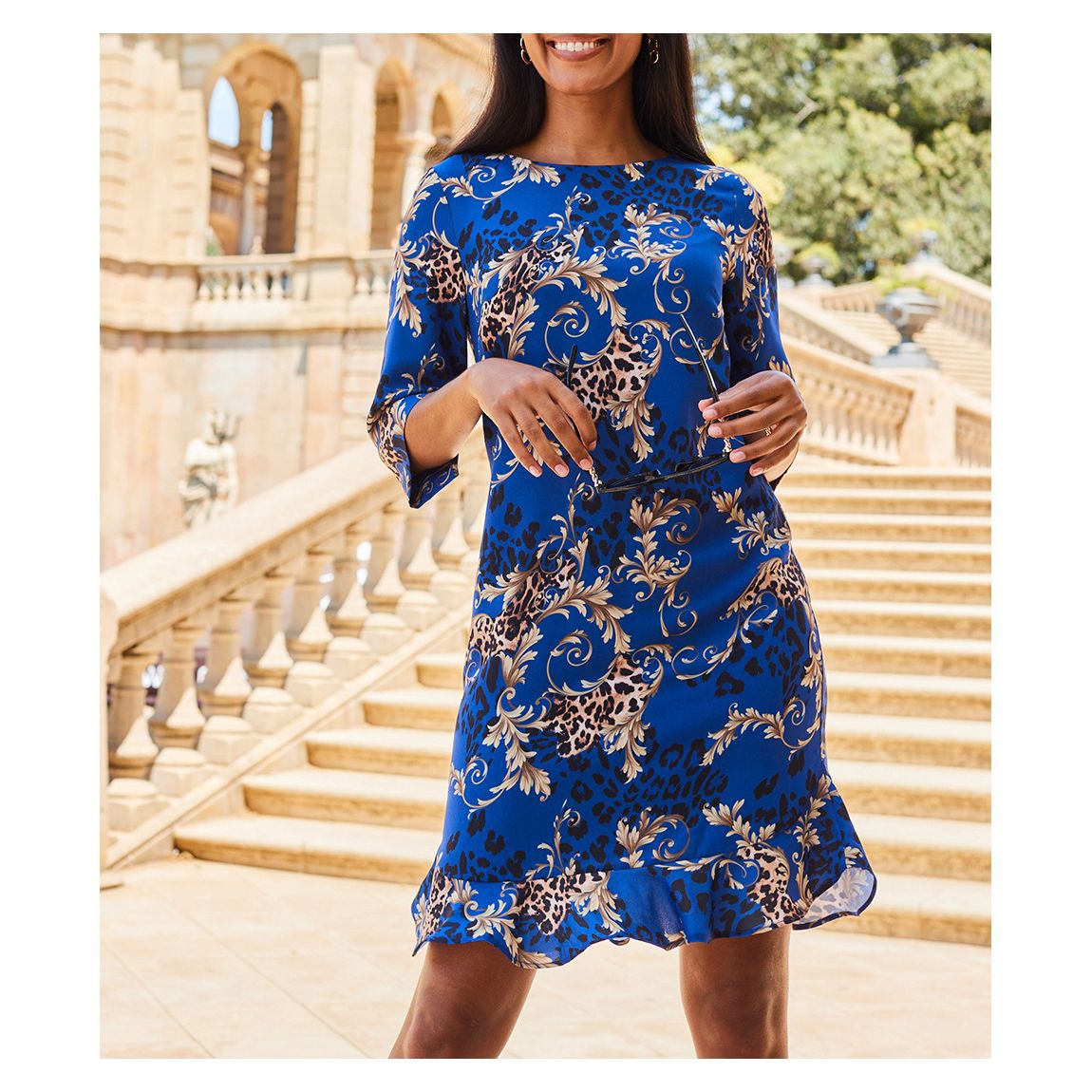 Blue & Gold WOW Print Ruffle Hem Shift Dress 06-Regular main product photo