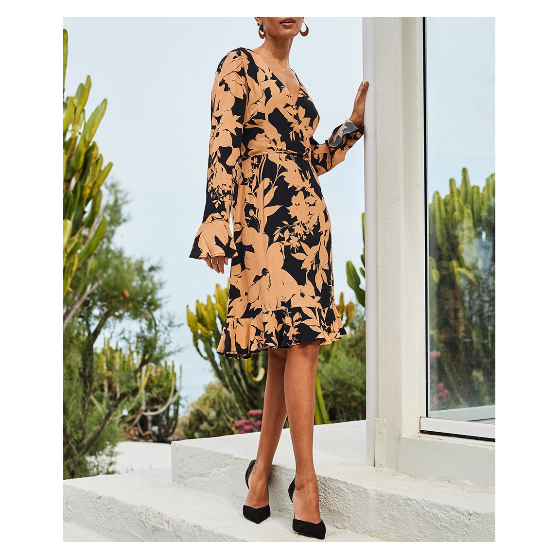Black Floral Print Fit & Flare Wrap Dress main product photo