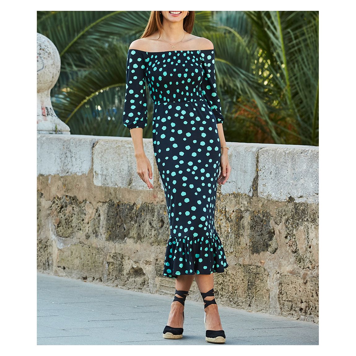 Black & Green Spot Print Shirred Waist Bardot Jersey Dress main product photo