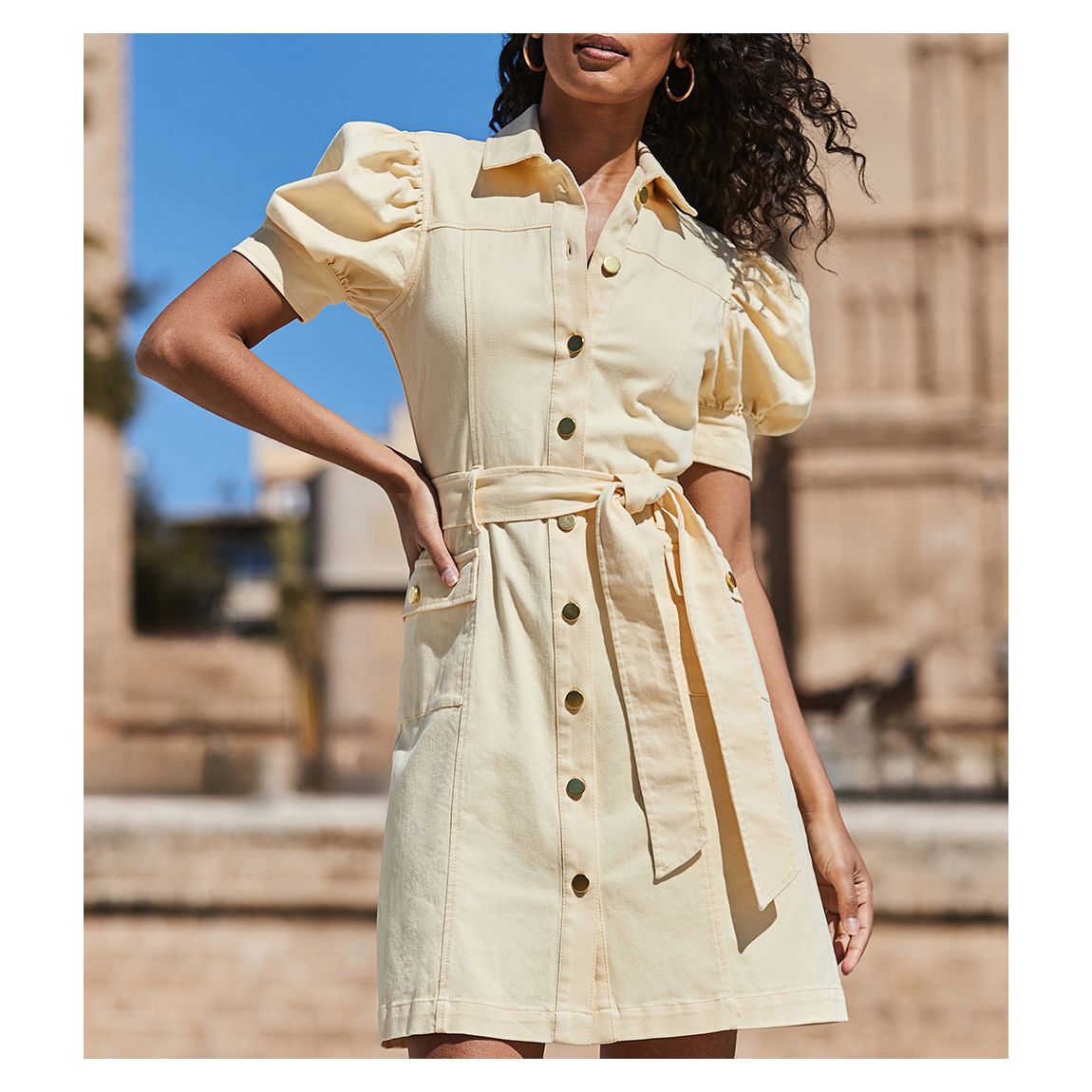 Petite Yellow Puff Sleeve Belted Denim Dress main product photo