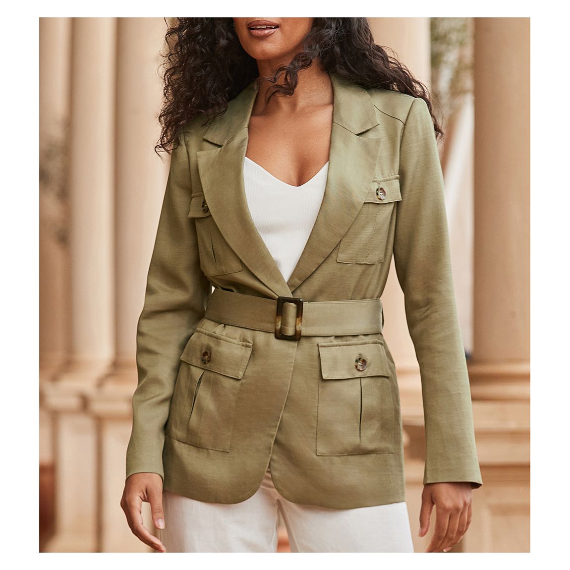 Khaki Green Linen Blend Belted Utility Blazer main product photo