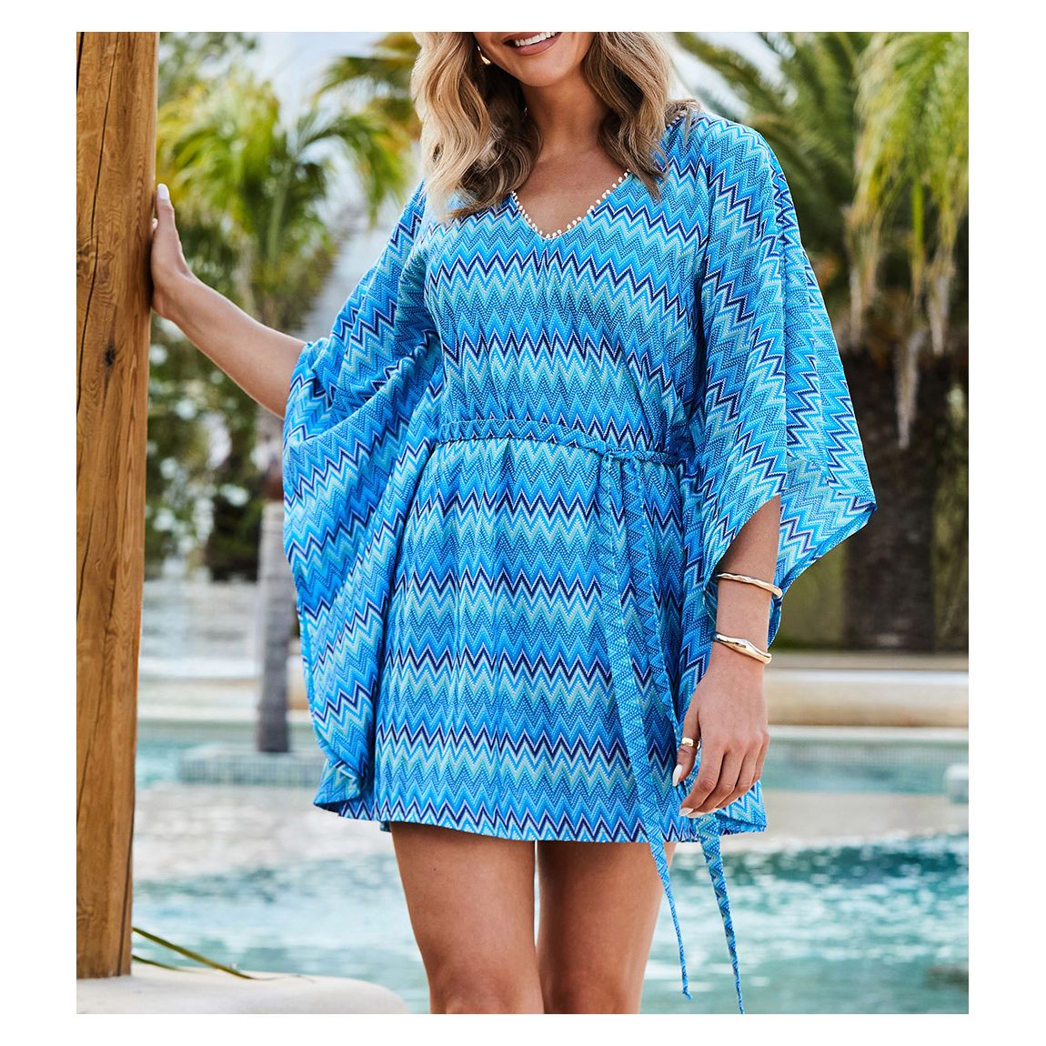 Blue Chevron Print Kaftan With Pom Pom Trim main product photo