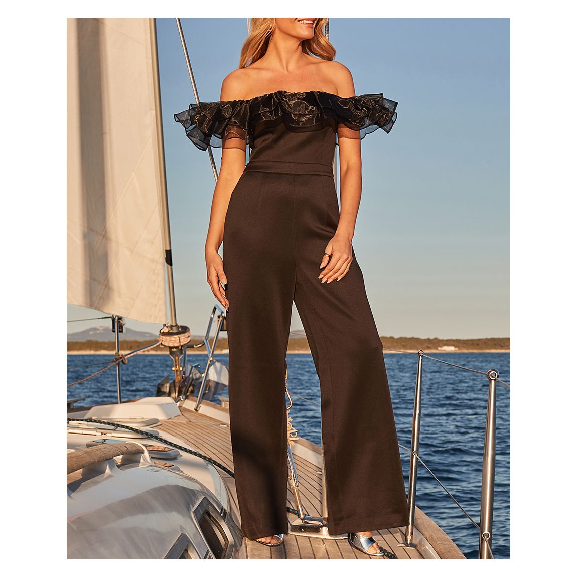 Black Organza Ruffle Wide Leg Bardot Jumpsuit 06-Regular main product photo